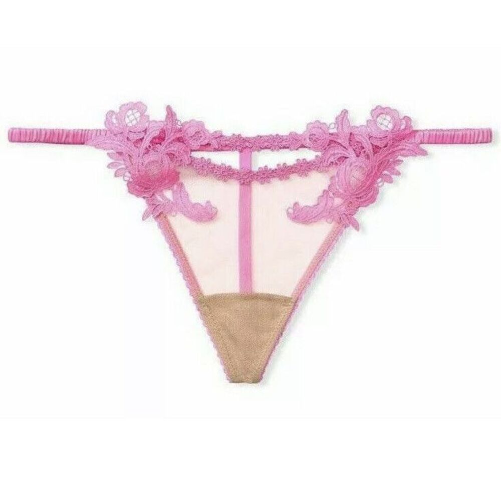 Victoria's Secret Dream Angels V-string Thong Sz XL Primrose Applique Nude Pink